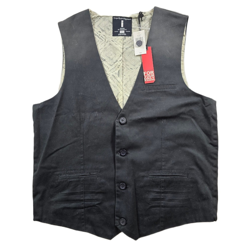 Jeans by Buffalo Vest Men Large Black Cotton Button Front Waistcoat NEW